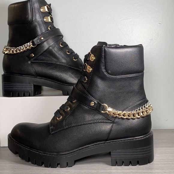 Rachel Zoe Combat Boots with chunky heel and gold & silver chain accents, Black - Picture 3 of 6
